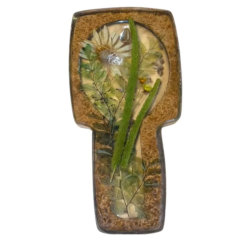 Vintage Lucite Style Pressed Flower Spoon Rest Ladybug Faux Wood Handmade